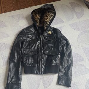 Obey Black Leather Hooded Jacket with Faux Fur Lining